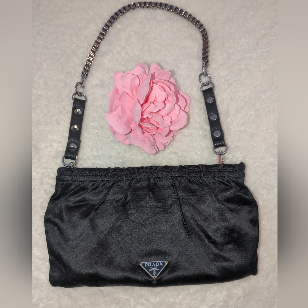 Prada Black Satin Pouch Authentic Converted To Shoulder Bag Edgy Silver Chain